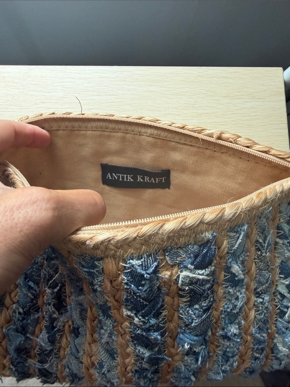 Antik Kraft Tan and Blue Woven Pom-Pom Clutch - Picture 3 of 3